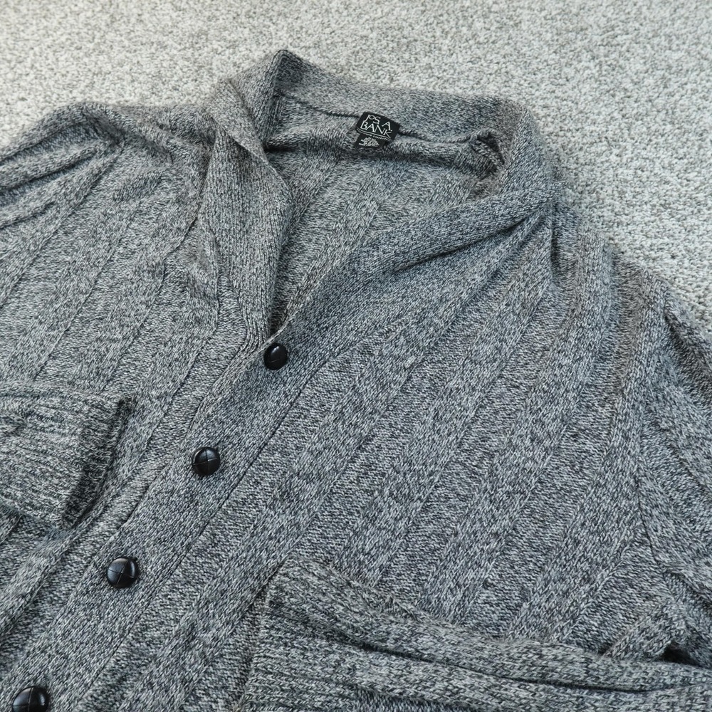 Jos A Bank Sweater Mens 2XL Gray Wool Cardigan Shawl Collar Elbow Patch Grandpa
